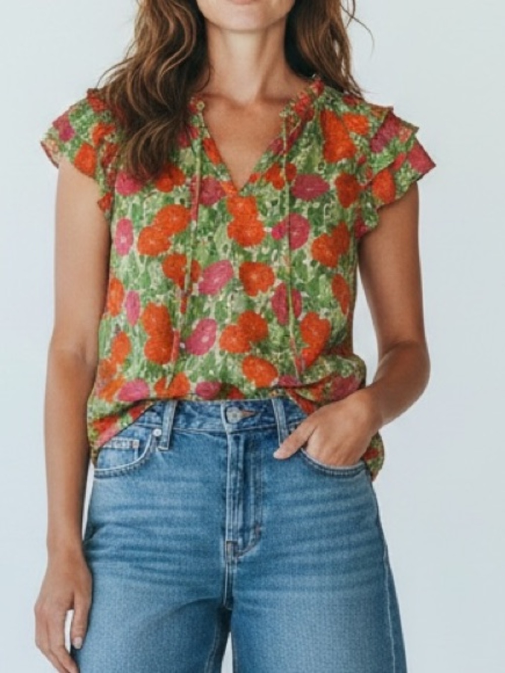 PLEIONE M Bright Floral Ruffle Sleeve Blouse Resort Wear & boho lightweight - Picture 1 of 6